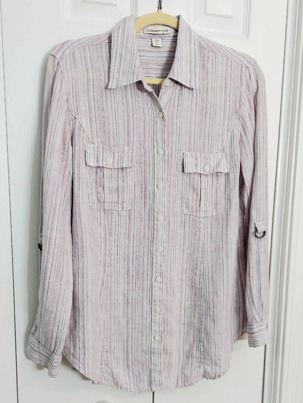 Coldwater Creek Shirt, Size M, 100% Linen, Purple Stripes, Buttonfront